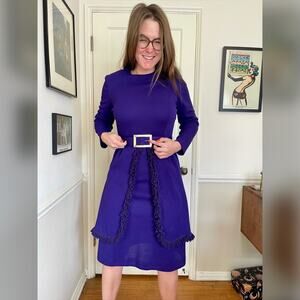 70s Does 40s Purple Long Sleeved Knit Dress w. Peplum Fringe Skirt